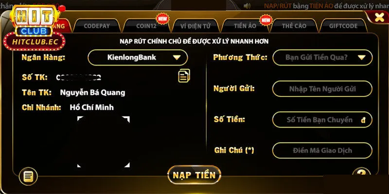 nạp tiền hitclun qua ngân hàng