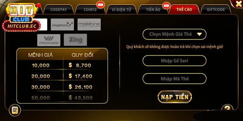nạp tiền hitclub qua thẻ cào